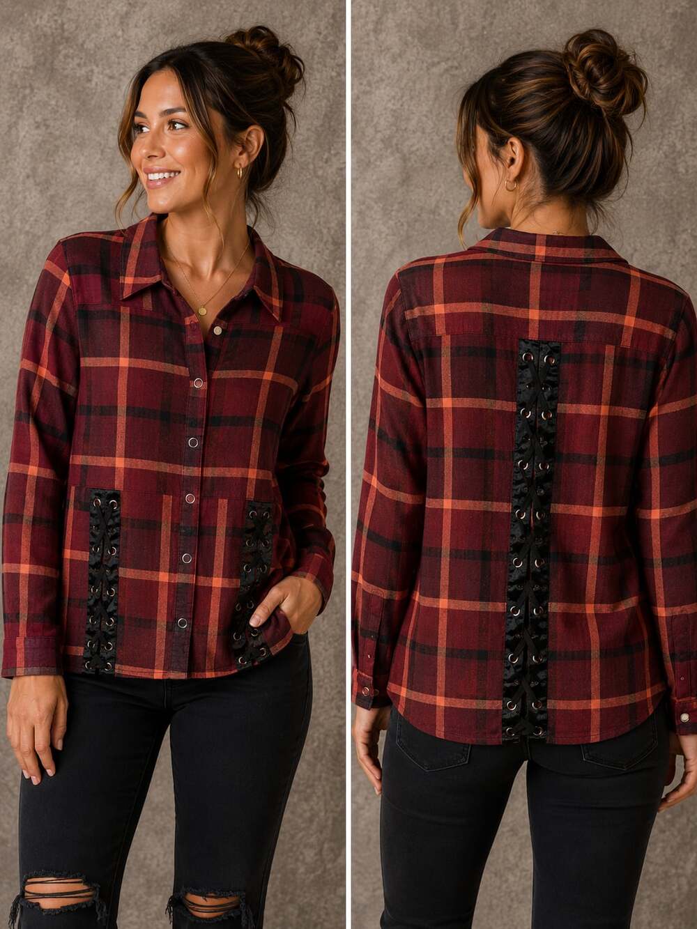 Gilded Intent Women's Red Plaid Lace-Up Snap Button Long Sleeve Shirt